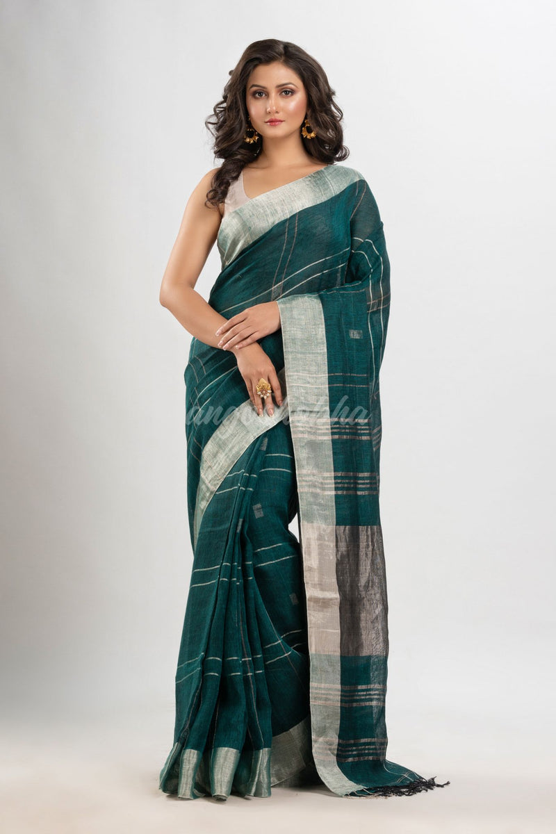 Forest green linen jamdani saree