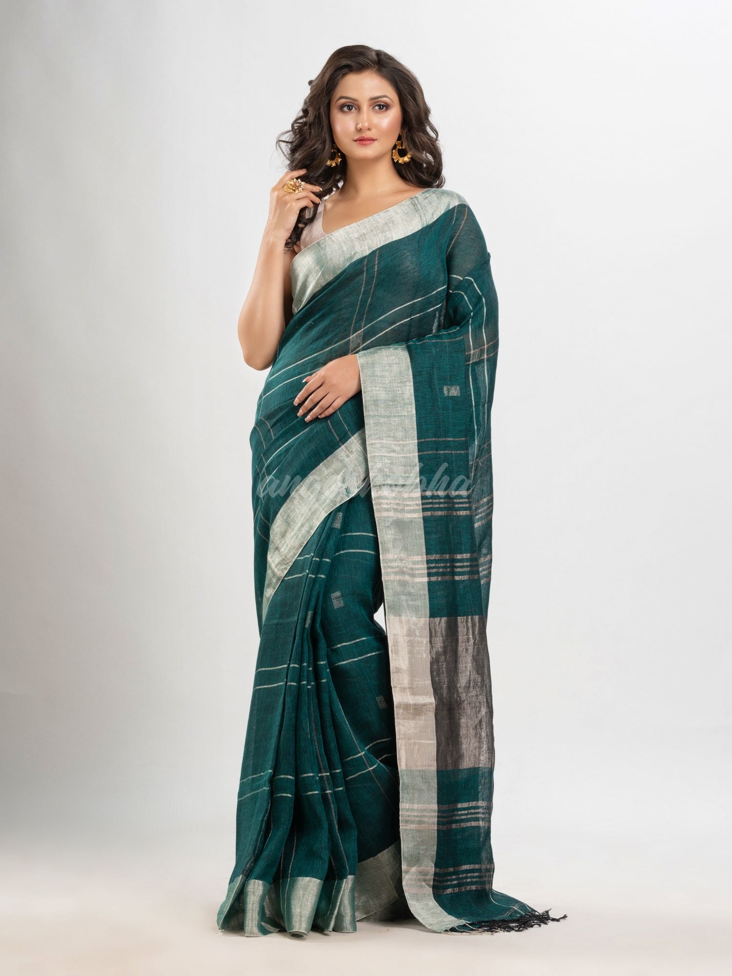 Forest green linen jamdani saree