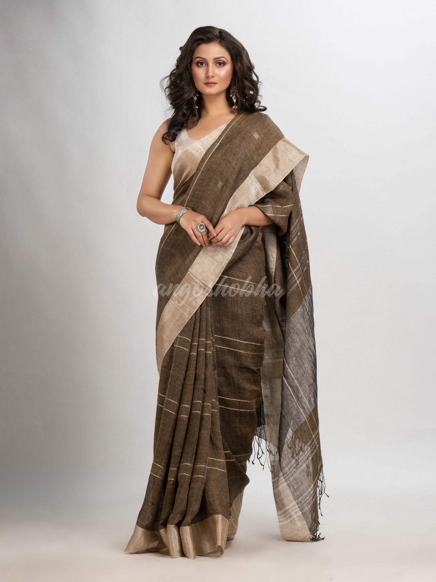 Yellow grey linen jamdani saree