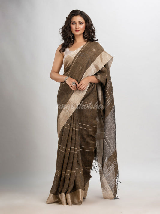 Yellow grey linen jamdani saree