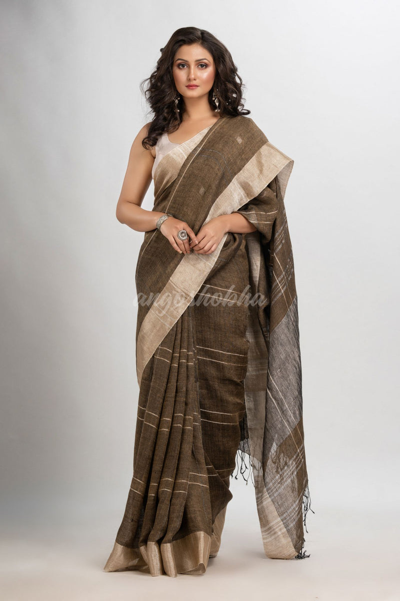 Yellow grey linen jamdani saree