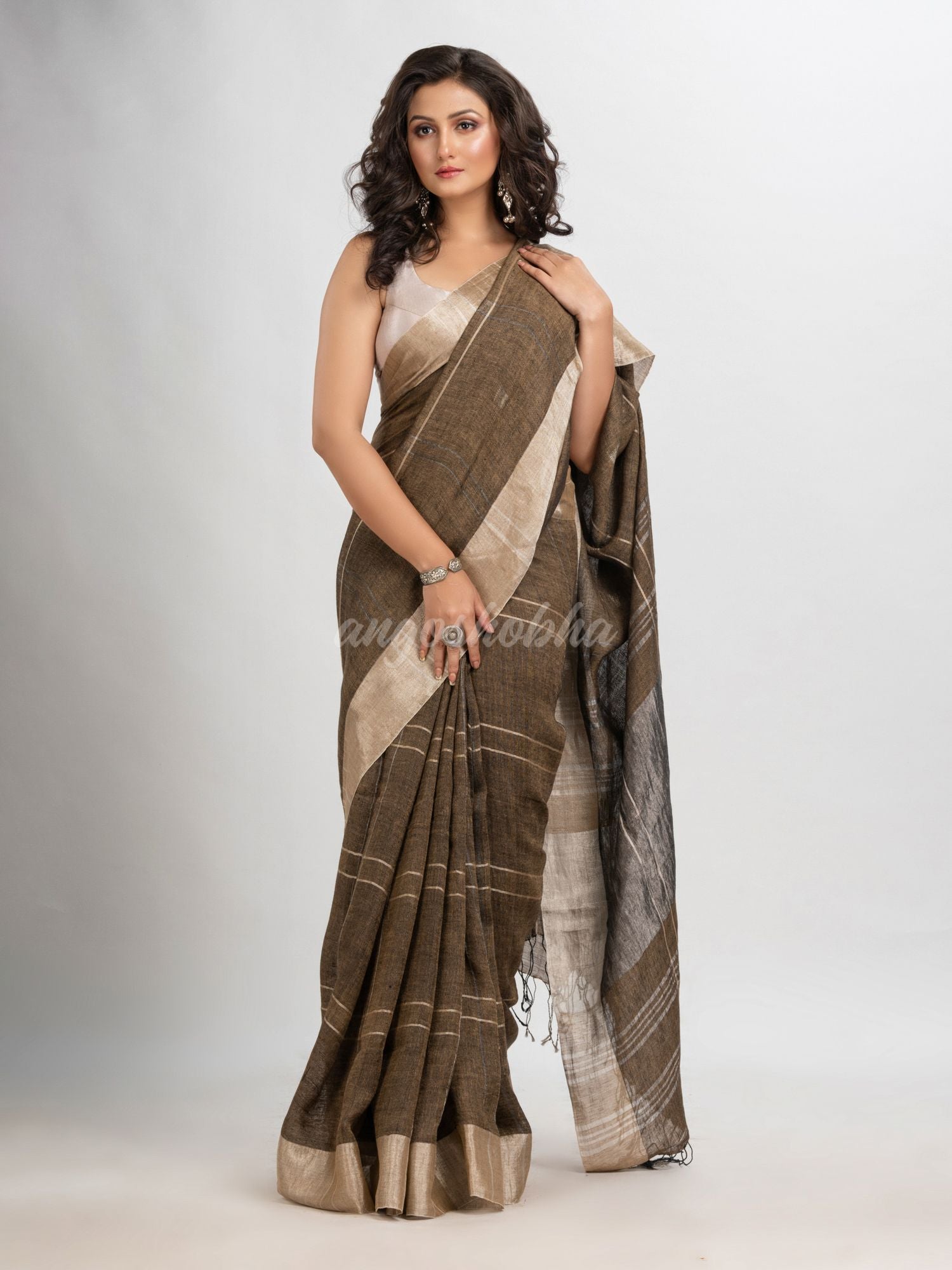 Yellow grey linen jamdani saree