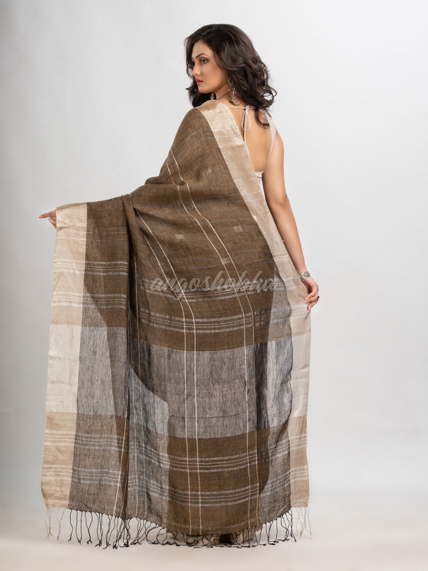 Yellow grey linen jamdani saree