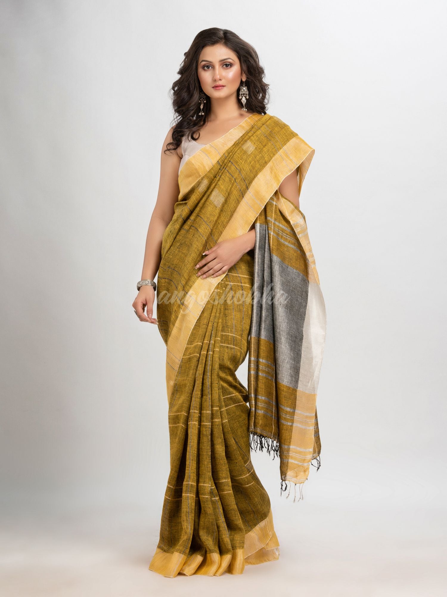 Mustard linen jamdani saree