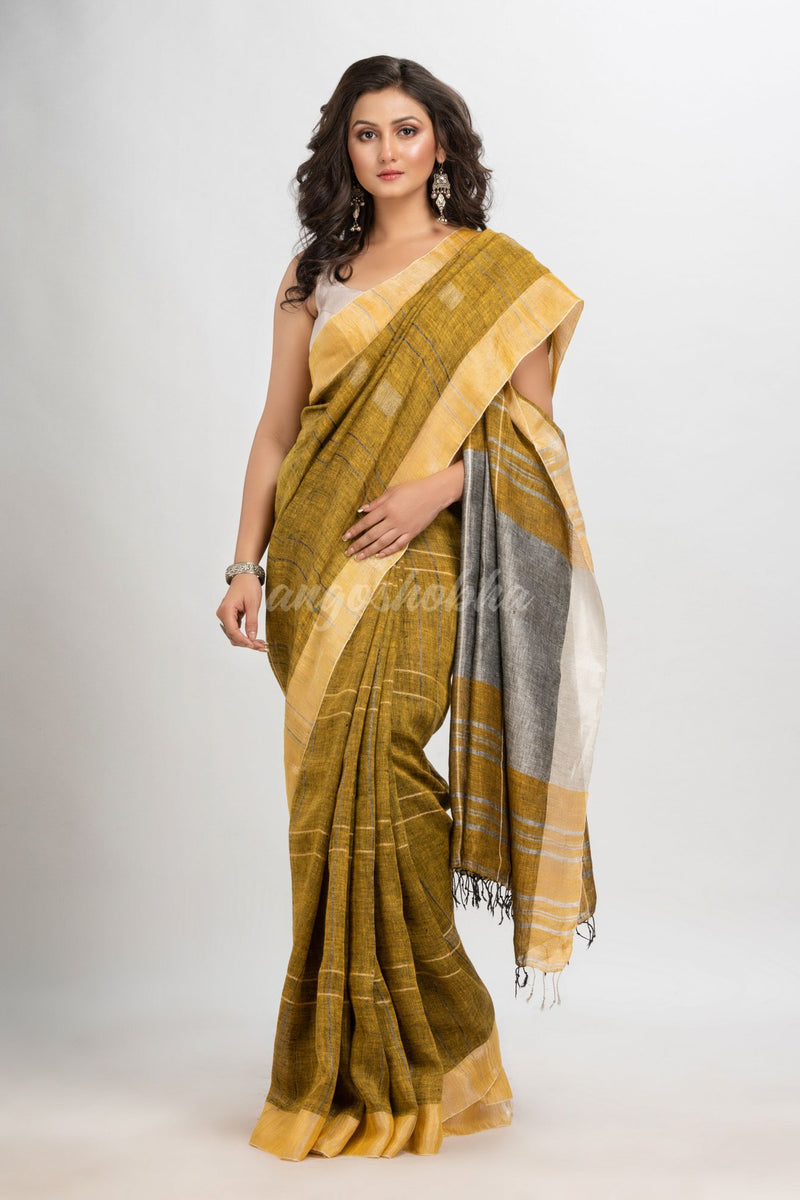 Mustard linen jamdani saree