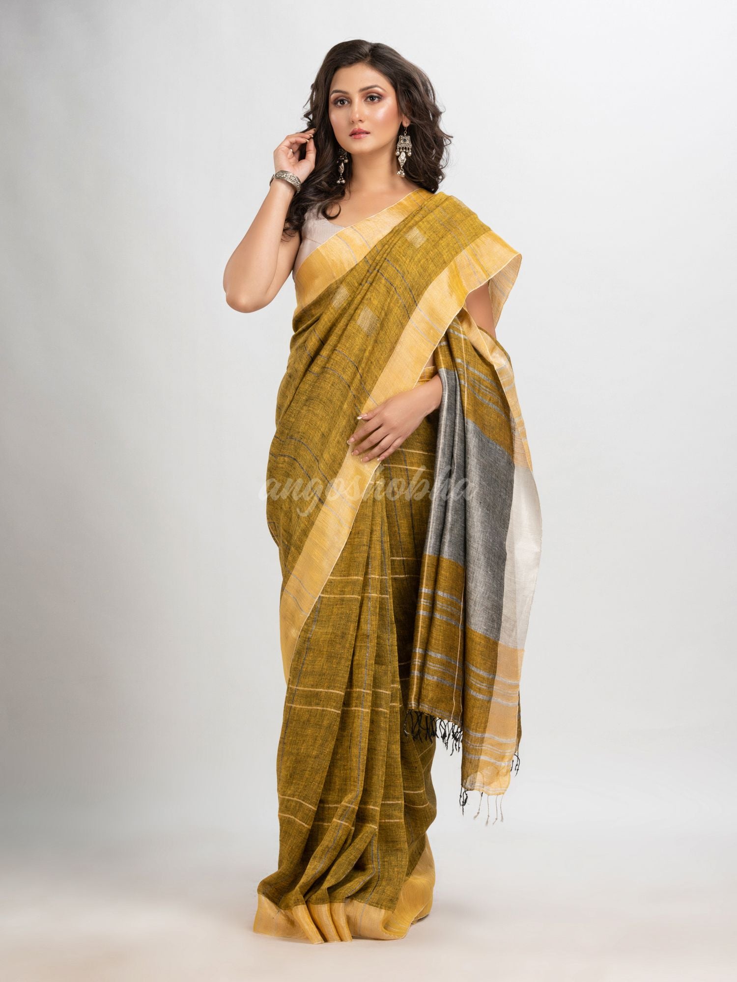 Mustard linen jamdani saree