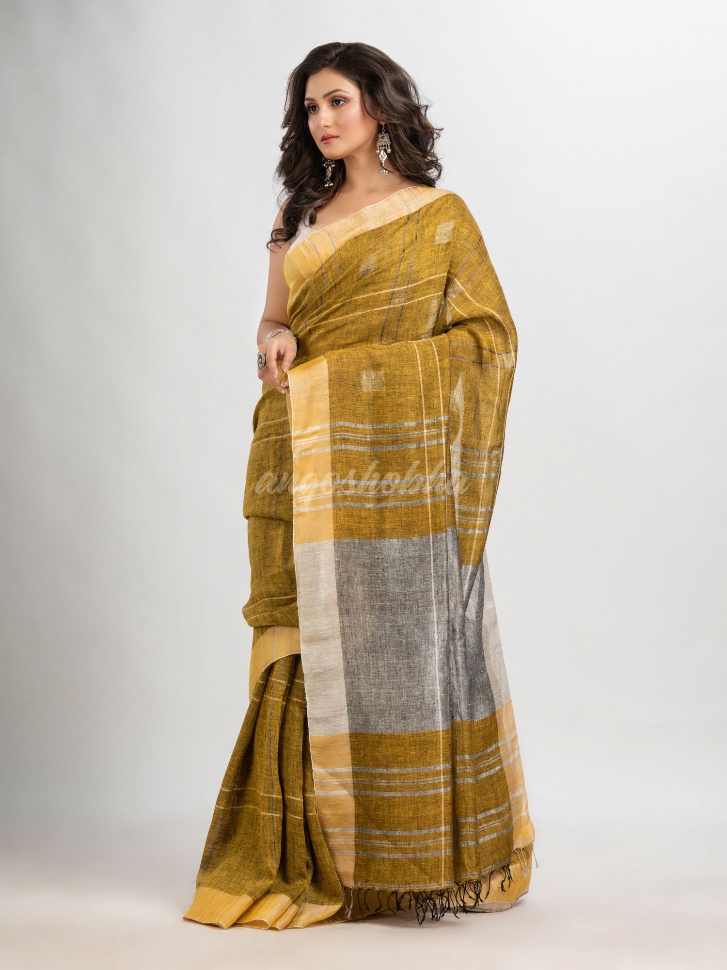 Mustard linen jamdani saree
