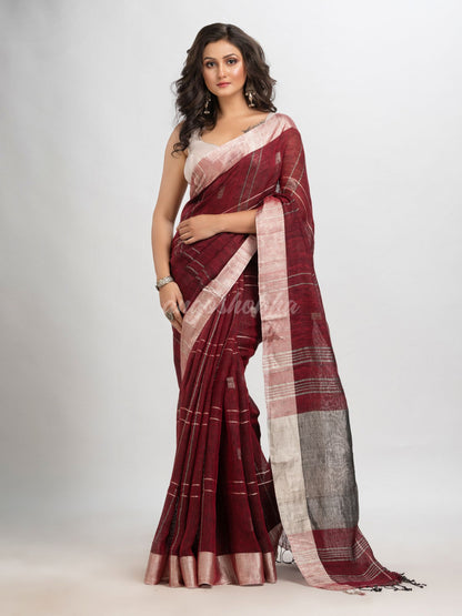 Maroon linen jamdani saree