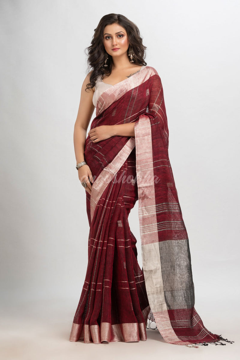 Maroon linen jamdani saree