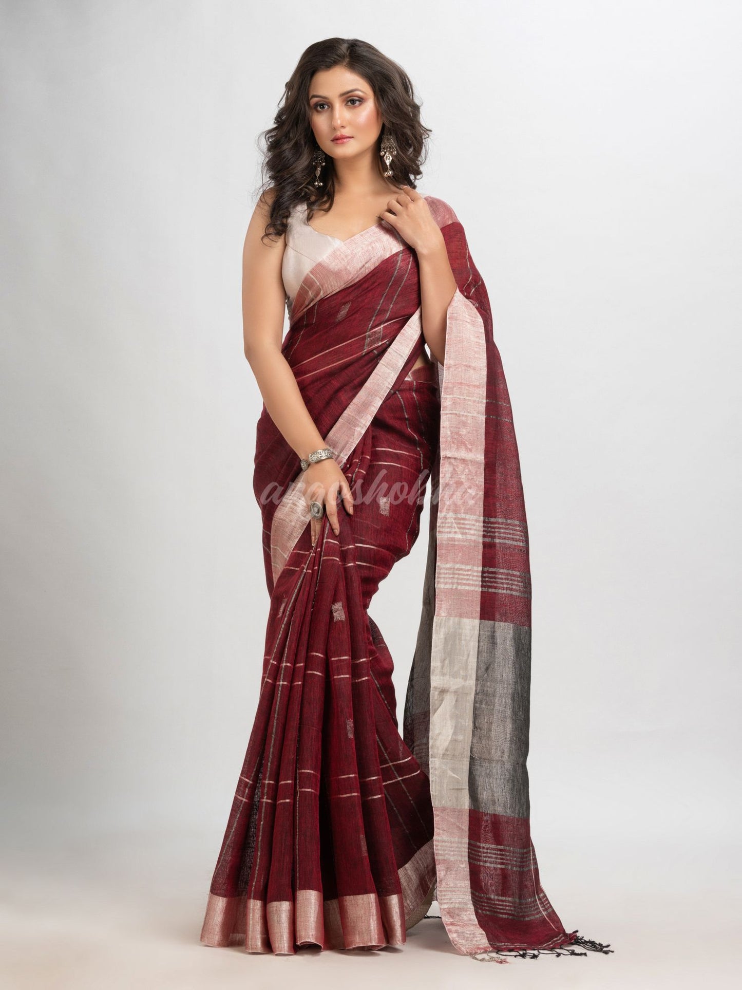 Maroon linen jamdani saree