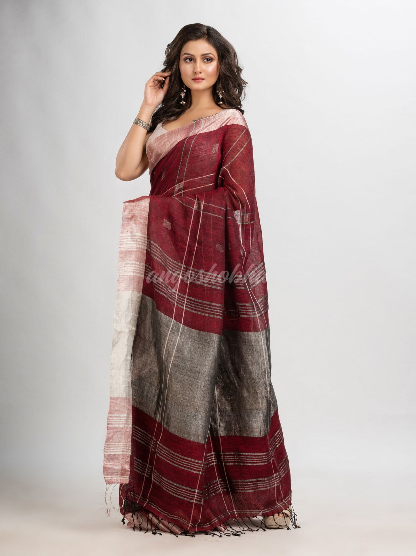 Maroon linen jamdani saree