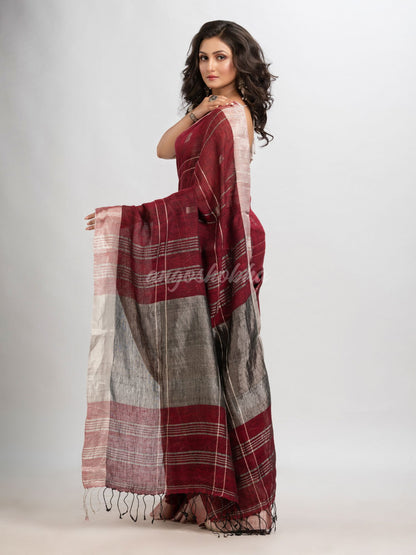 Maroon linen jamdani saree