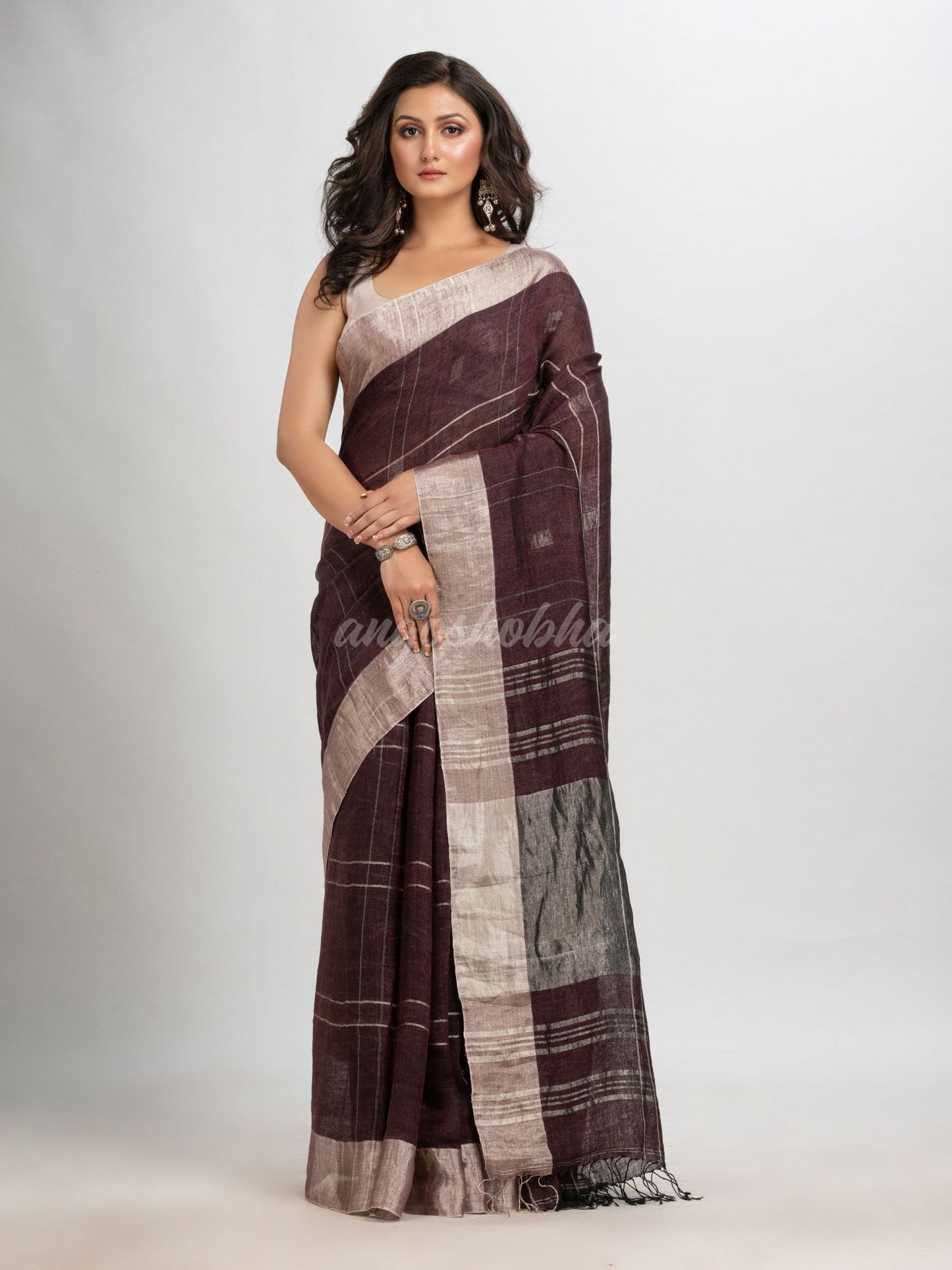 Brown coffee linen jamdani saree