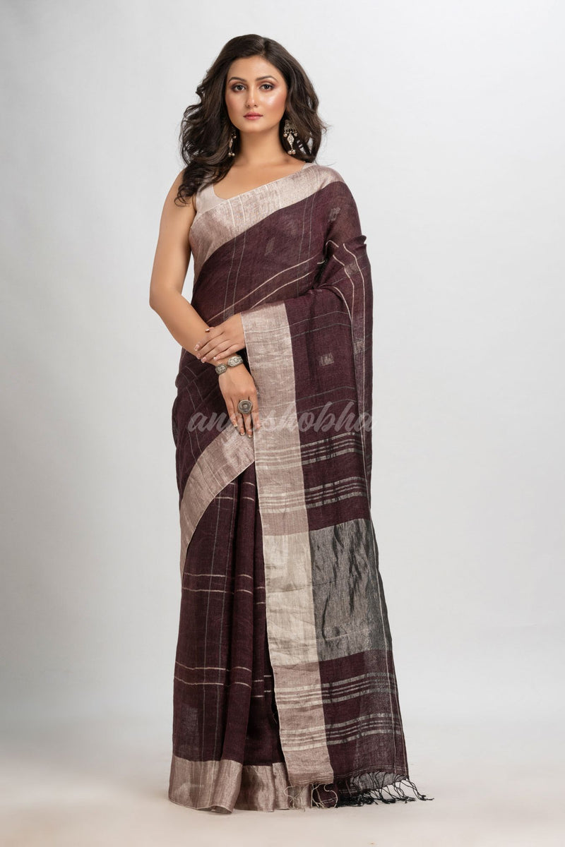 Brown coffee linen jamdani saree