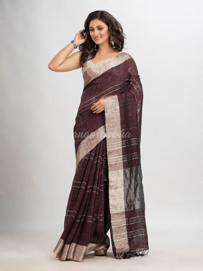 Brown coffee linen jamdani saree