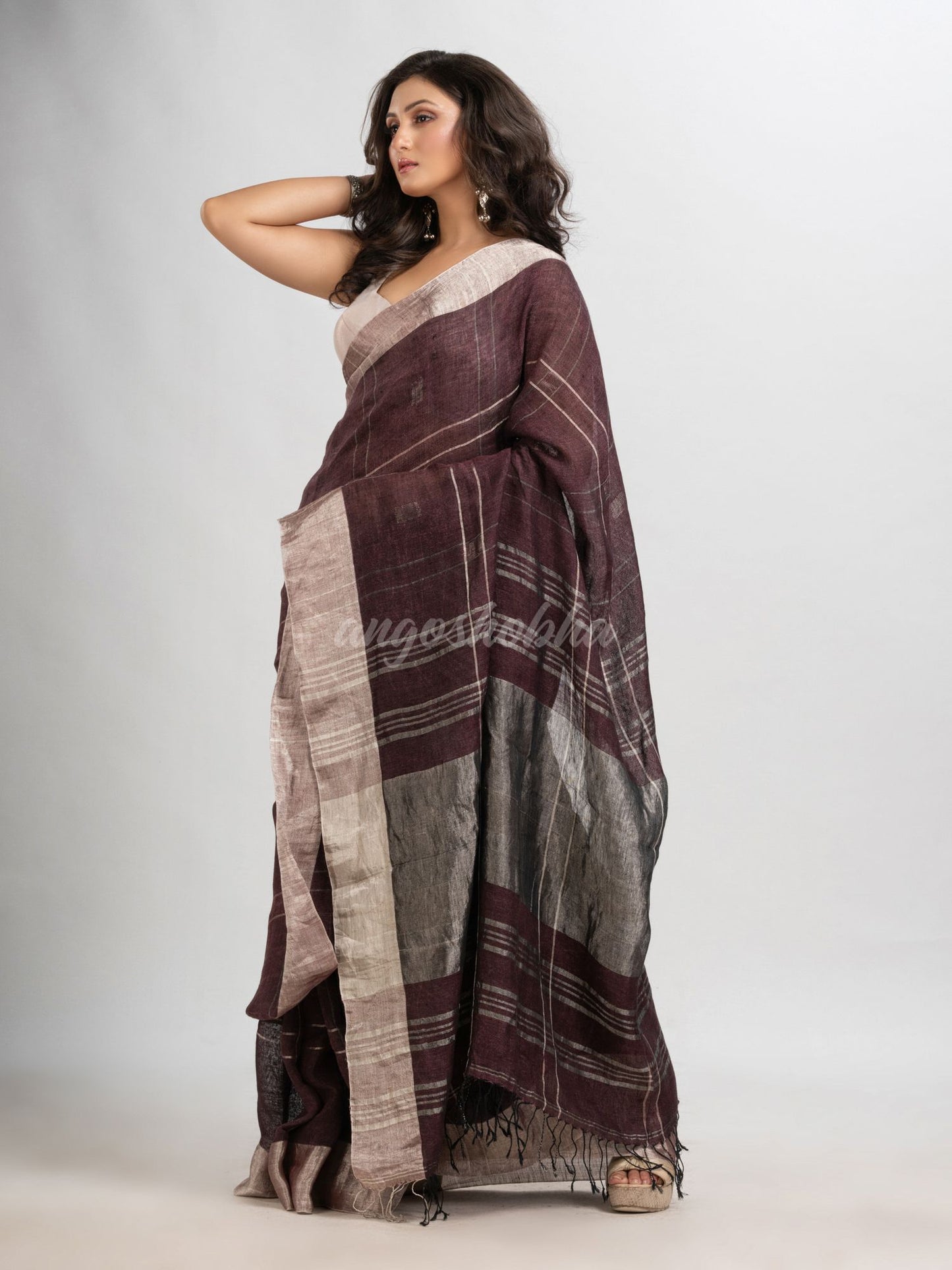 Brown coffee linen jamdani saree