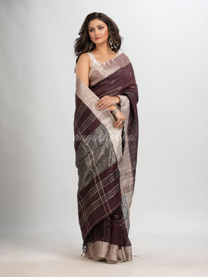 Brown coffee linen jamdani saree