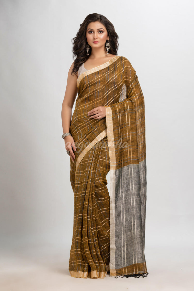 Golden brown linen with silver zari pallu  handloom saree