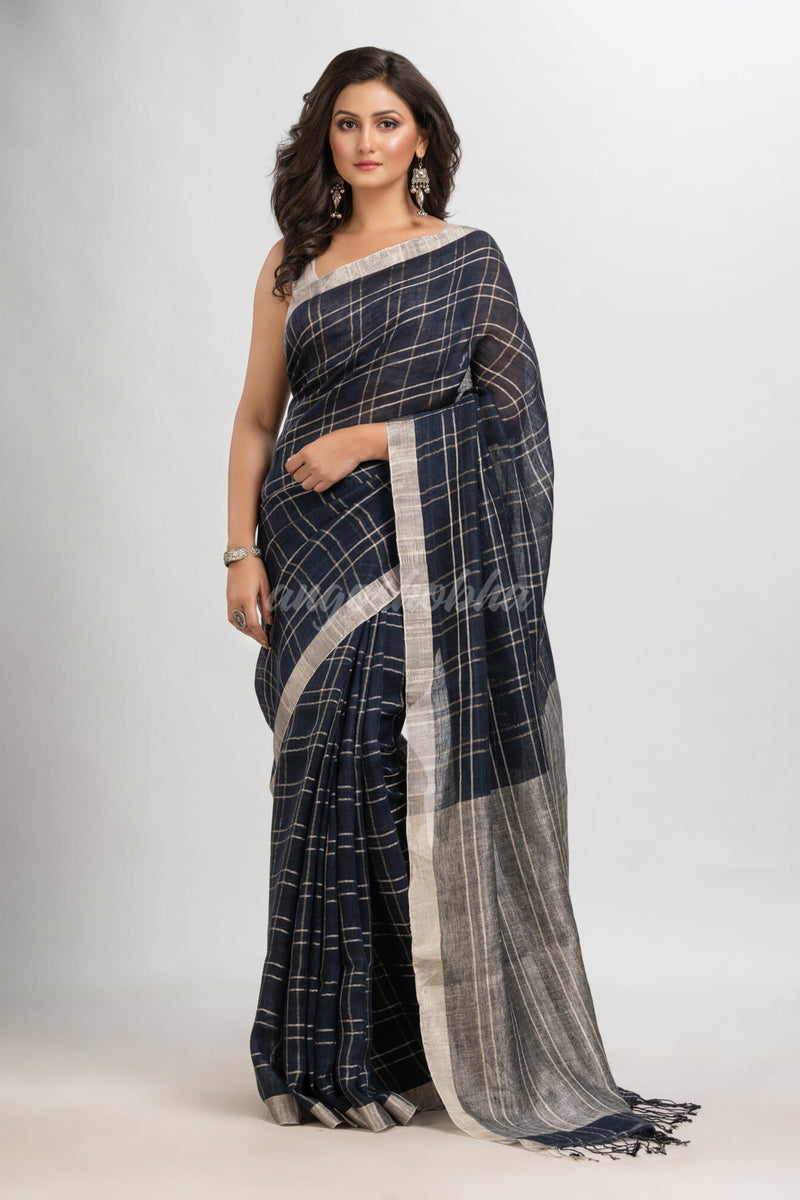 Nevy blue linen with silver zari  pallu handloom saree