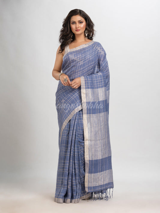 Powder blue linen jari border with silver zari  pallu jamdani saree