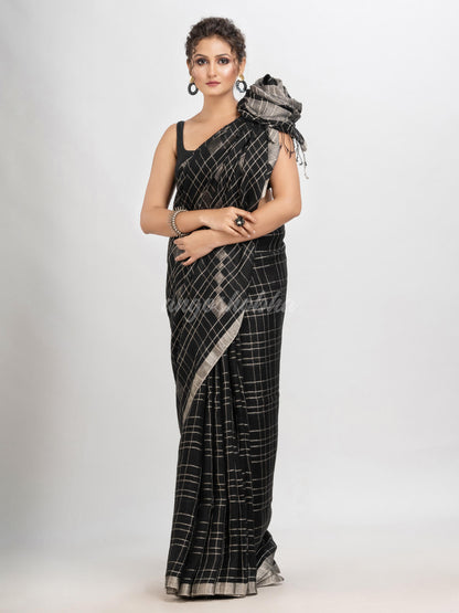 Black linen zari border with silver zari pallu jamdani saree