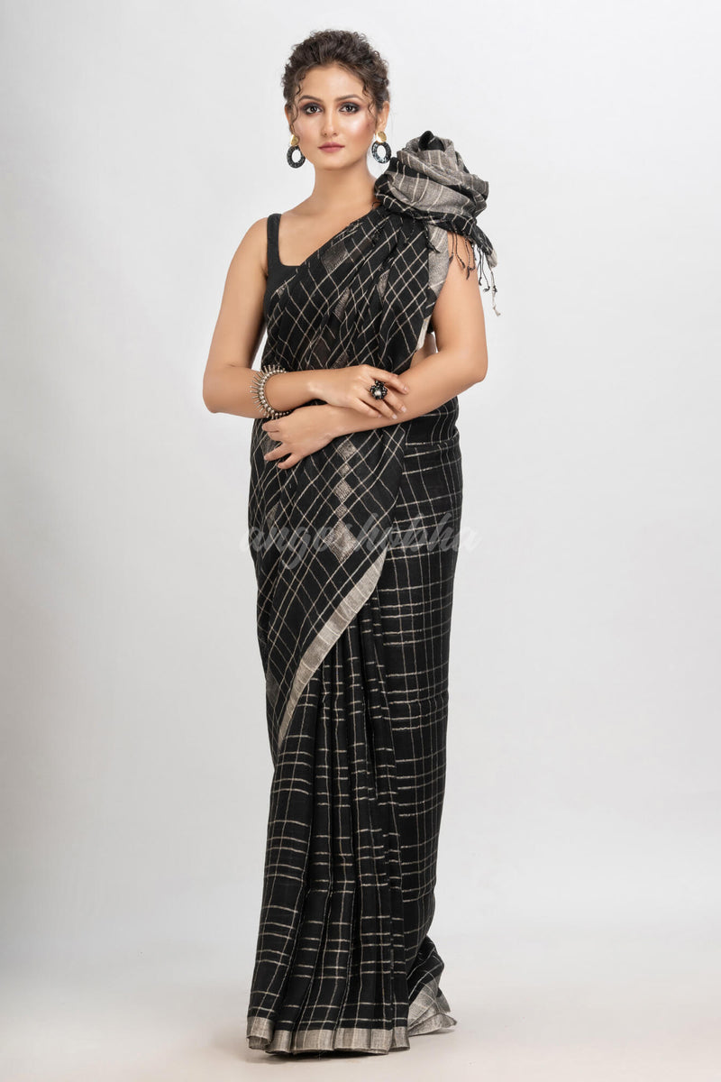 Black linen zari border with silver zari pallu jamdani saree
