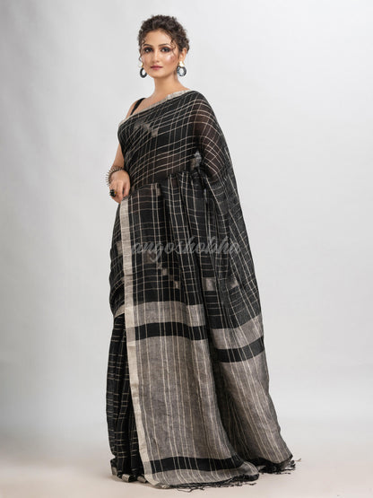 Black linen zari border with silver zari pallu jamdani saree