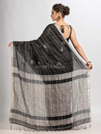 Black linen zari border with silver zari pallu jamdani saree