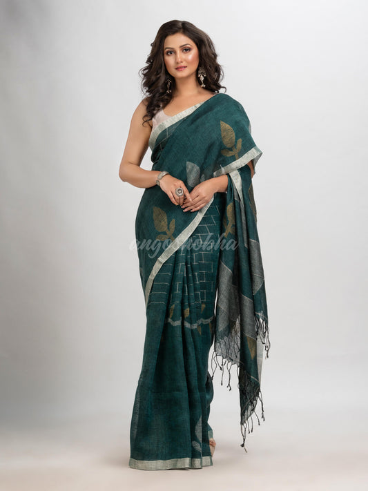 Dark bottle  green linen with zari border jamdani saree