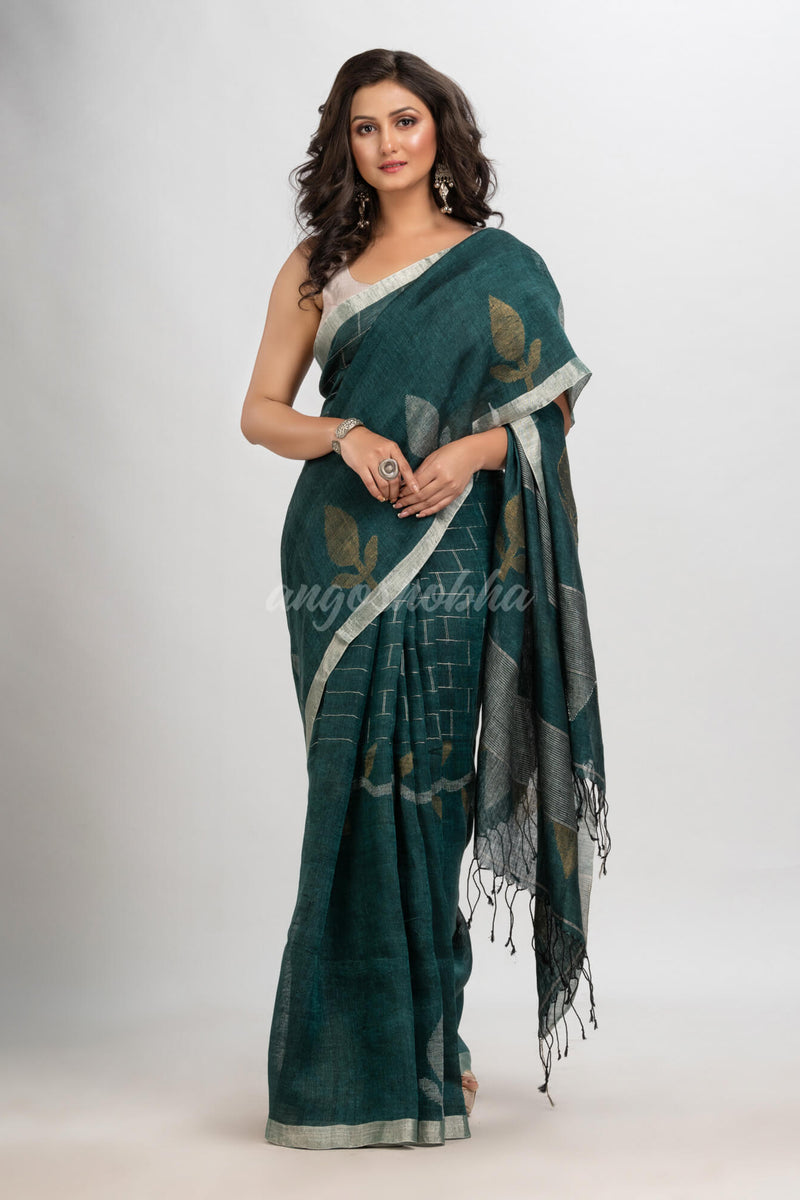 Dark bottle  green linen with zari border jamdani saree