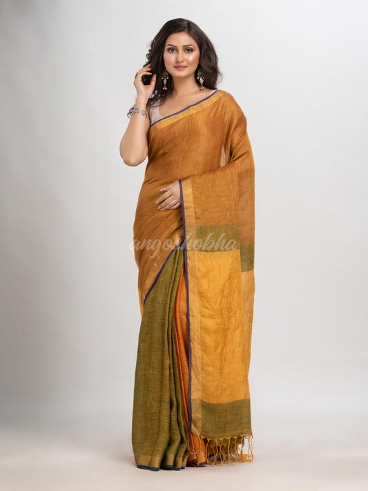 Golden brown malti colour linen handloom saree