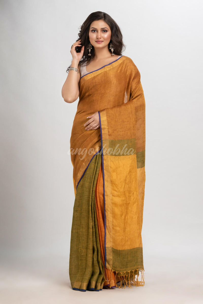 Golden brown malti colour linen handloom saree