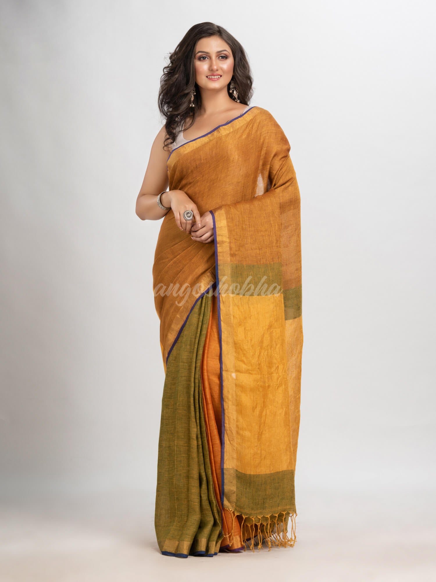 Golden brown malti colour linen handloom saree