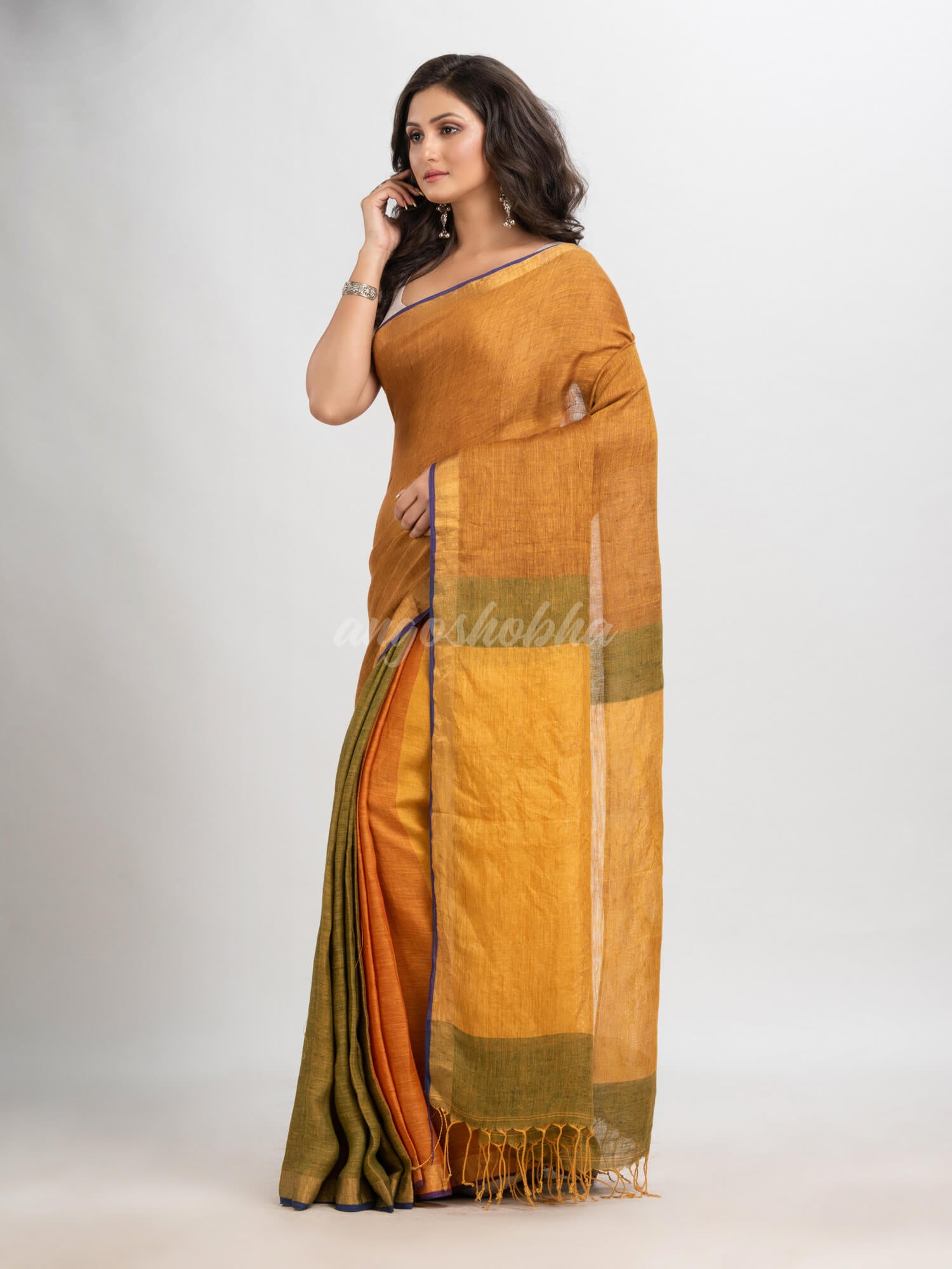 Golden brown malti colour linen handloom saree