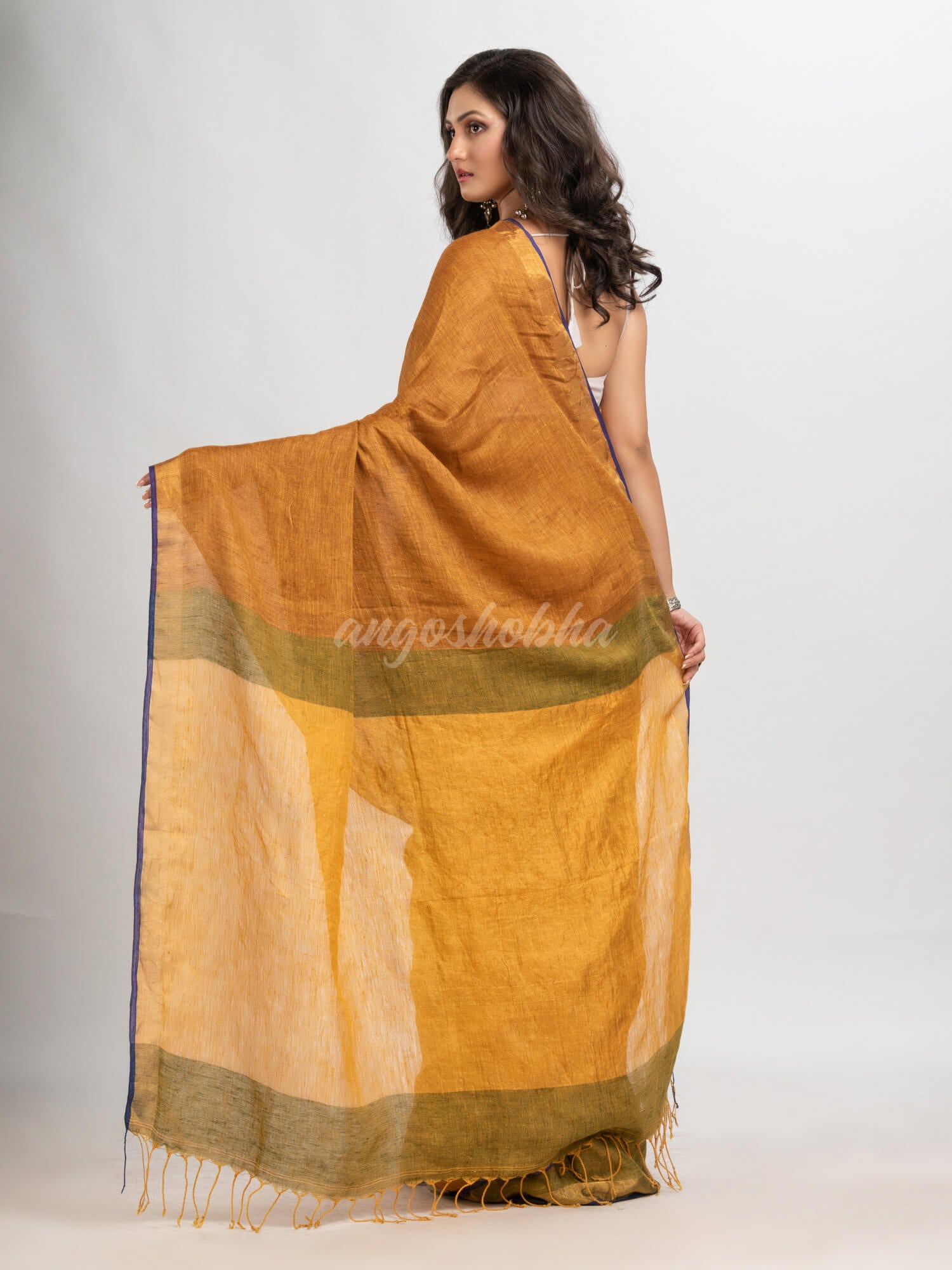 Golden brown malti colour linen handloom saree