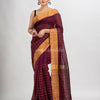 Maroon linen half check and huff solid body jamdani saree