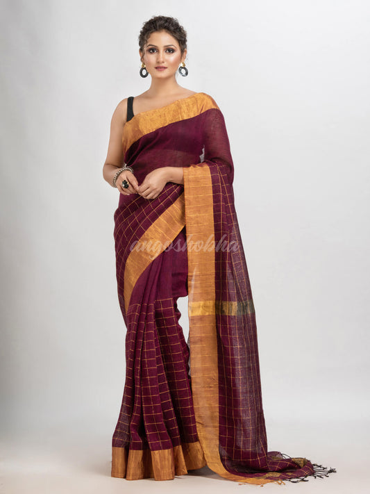 Maroon linen half check and huff solid body jamdani saree