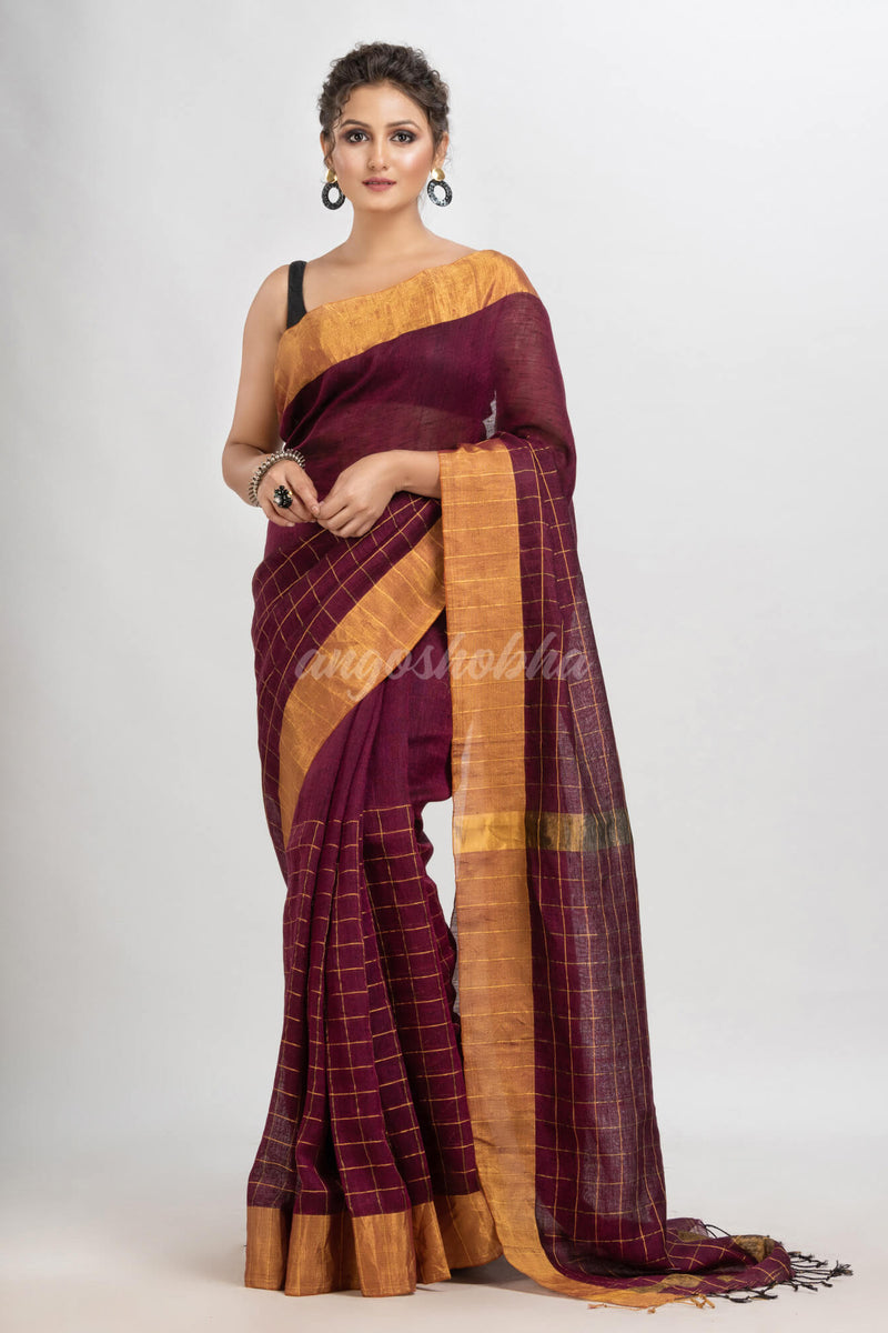 Maroon linen half check and huff solid body jamdani saree