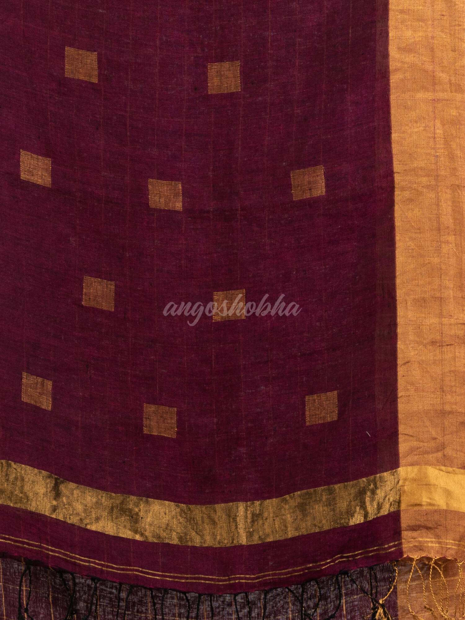 Maroon linen half check and huff solid body jamdani saree