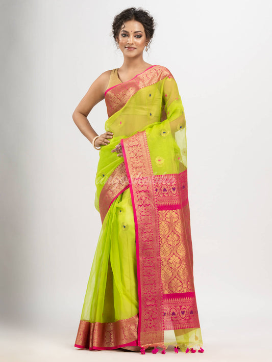 Neon Green art Muslin Jacquard Jamdani Saree