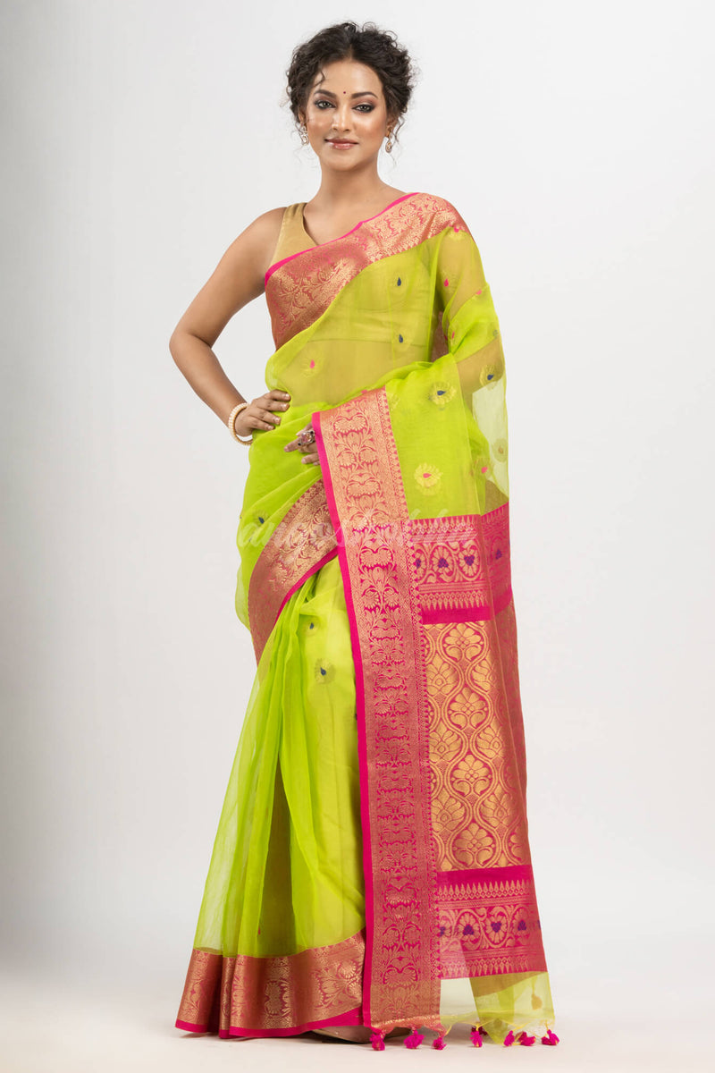 Neon Green art Muslin Jacquard Jamdani Saree