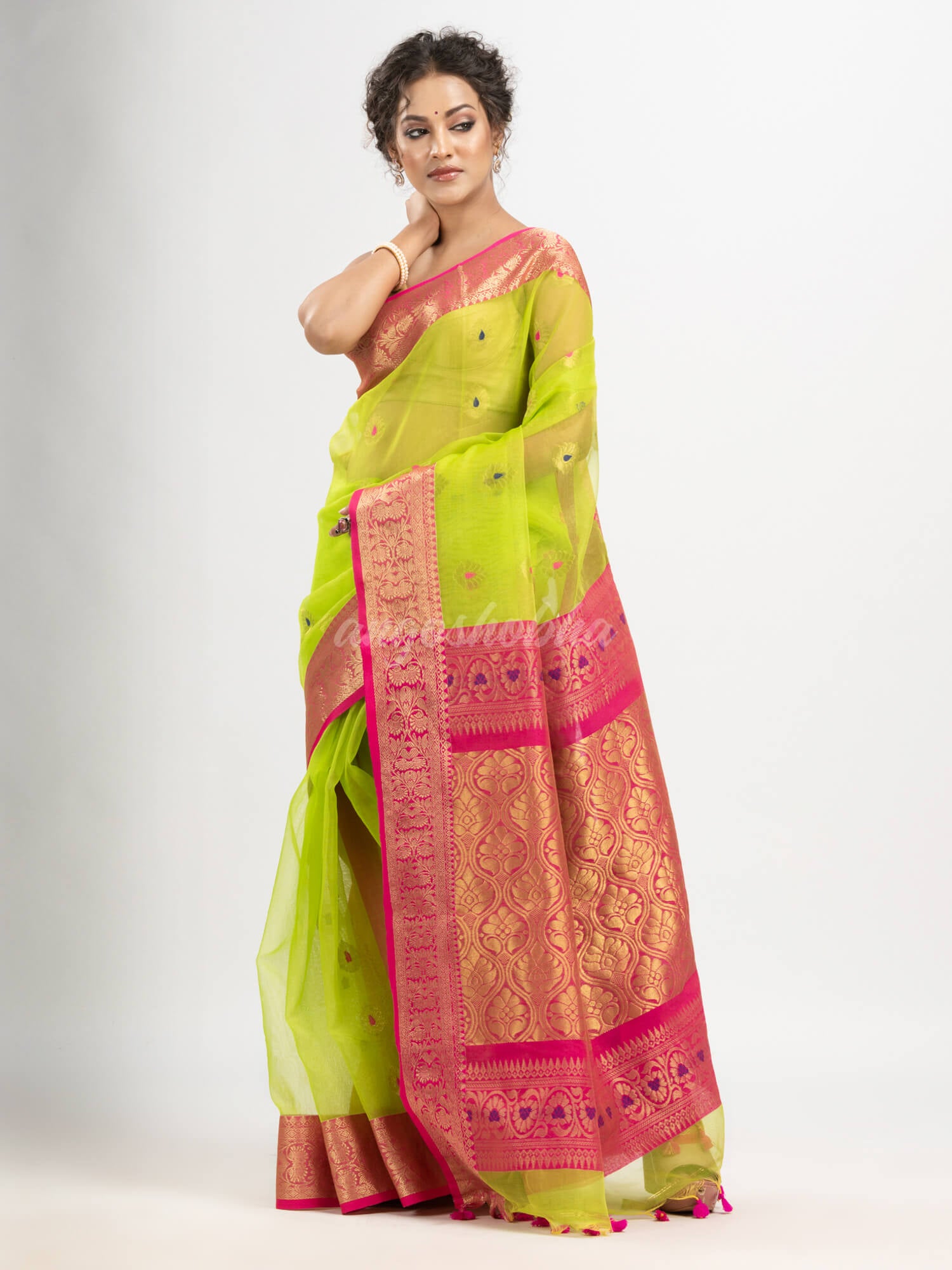 Neon Green art Muslin Jacquard Jamdani Saree