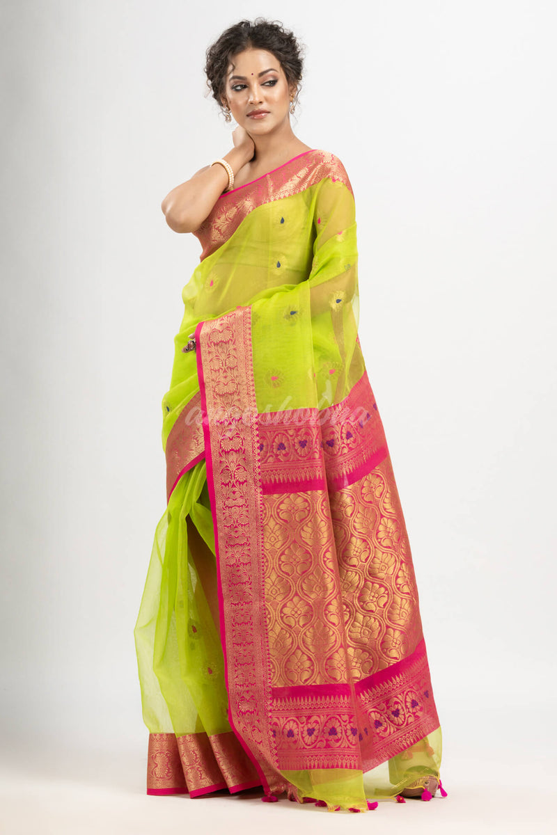 Neon Green art Muslin Jacquard Jamdani Saree