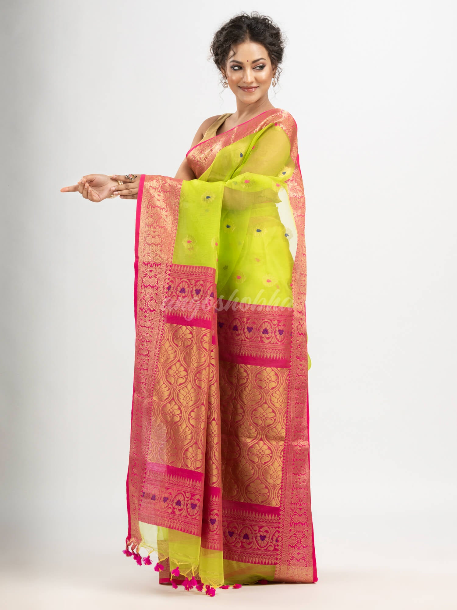 Neon Green art Muslin Jacquard Jamdani Saree