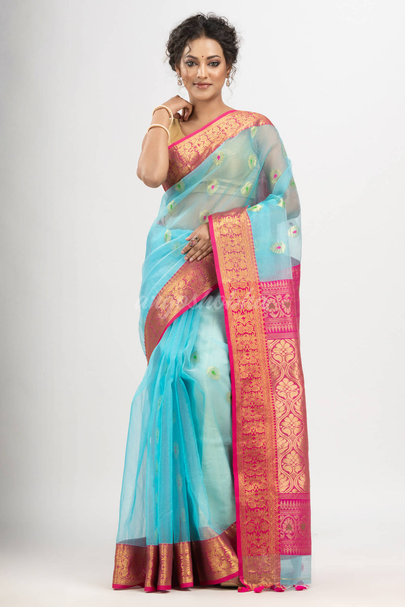Turquoise (Tute) art silk Muslin Jacquard Jamdani Saree