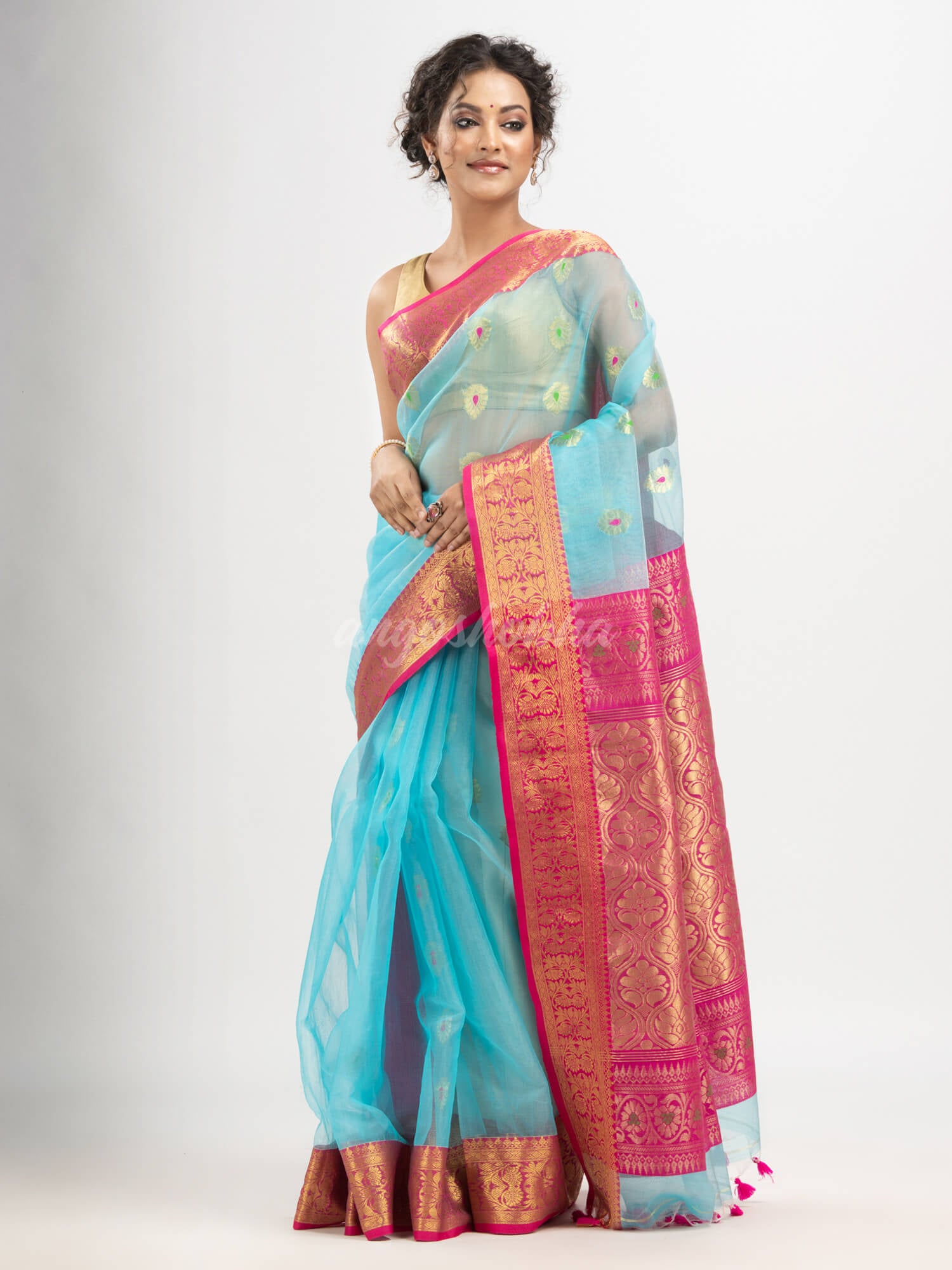 Turquoise (Tute) art silk Muslin Jacquard Jamdani Saree