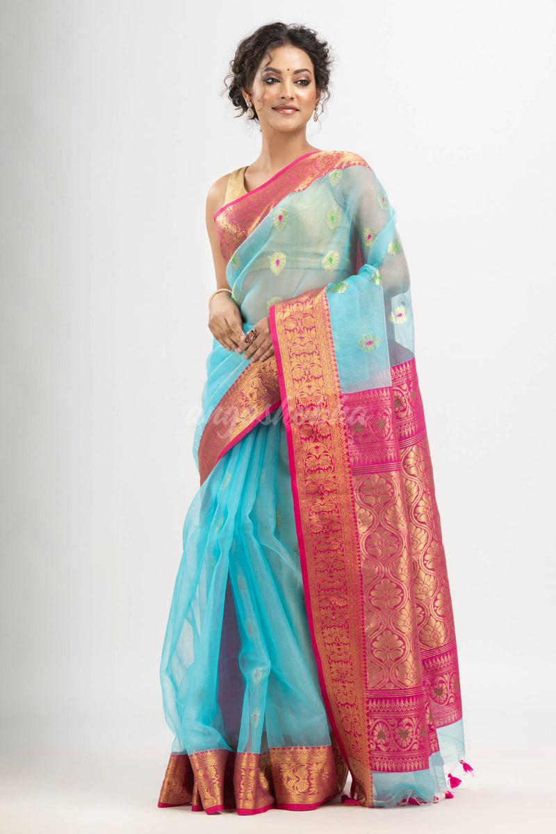 Turquoise (Tute) art silk Muslin Jacquard Jamdani Saree