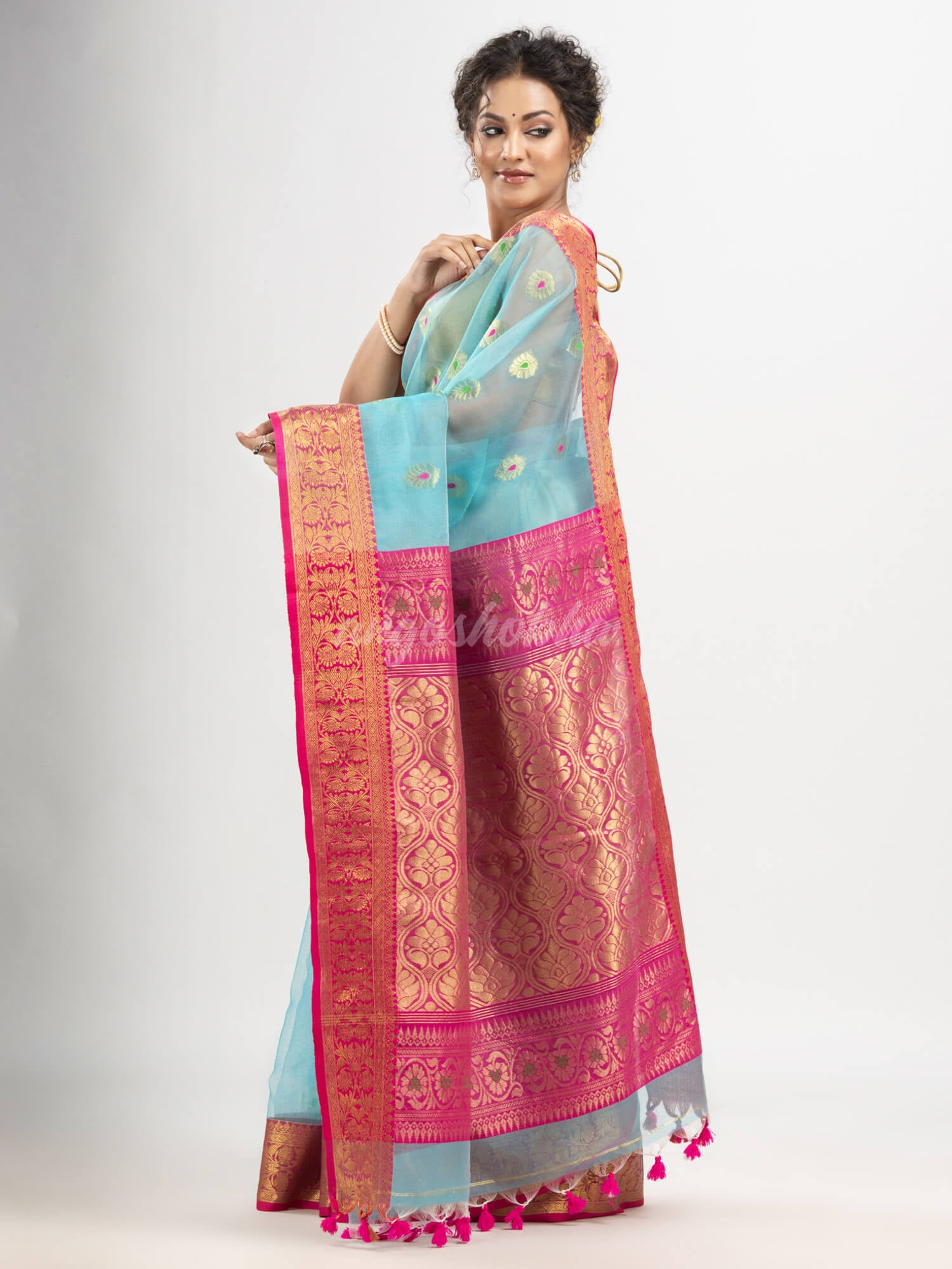 Turquoise (Tute) art silk Muslin Jacquard Jamdani Saree