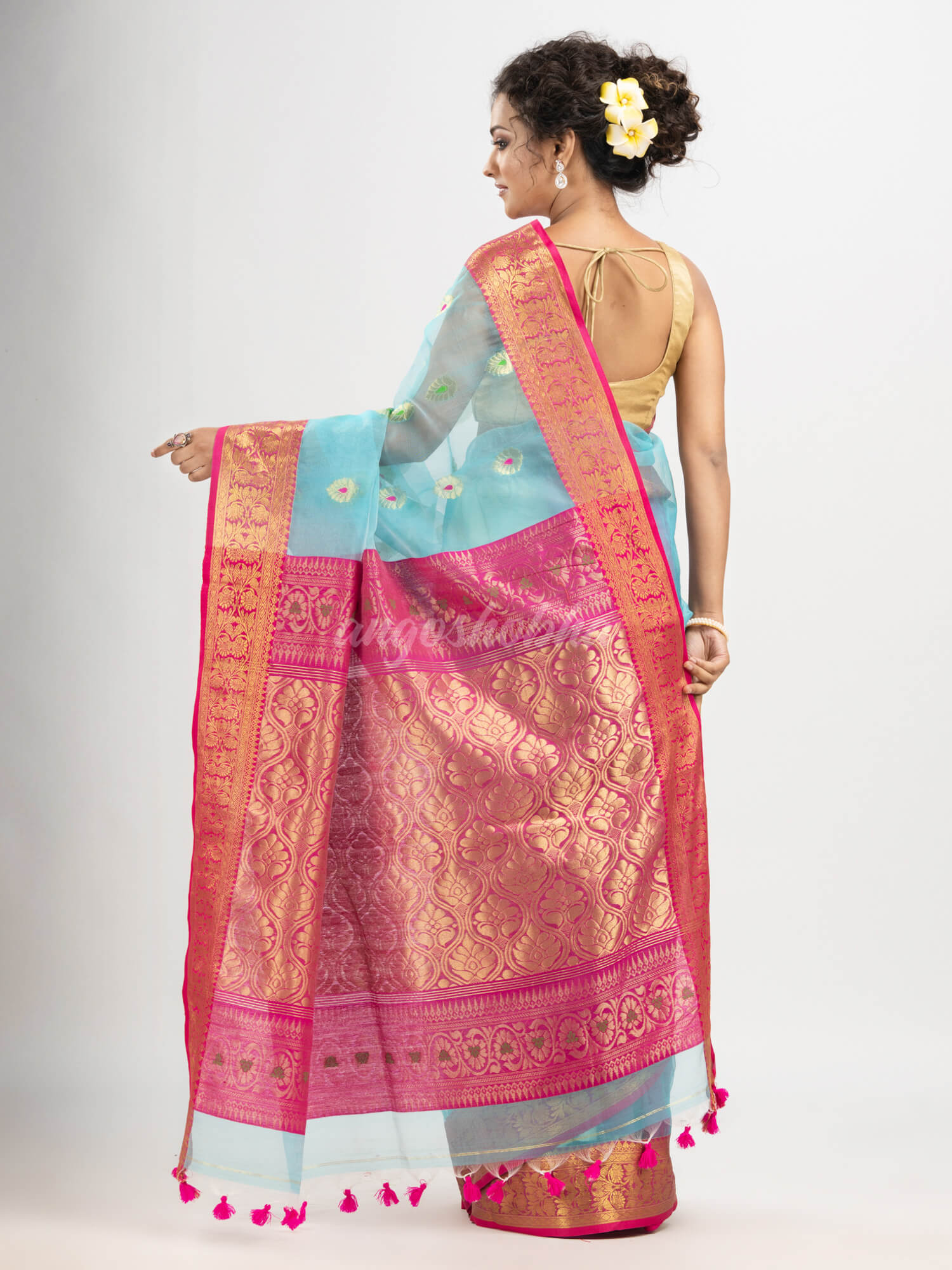 Turquoise (Tute) art silk Muslin Jacquard Jamdani Saree