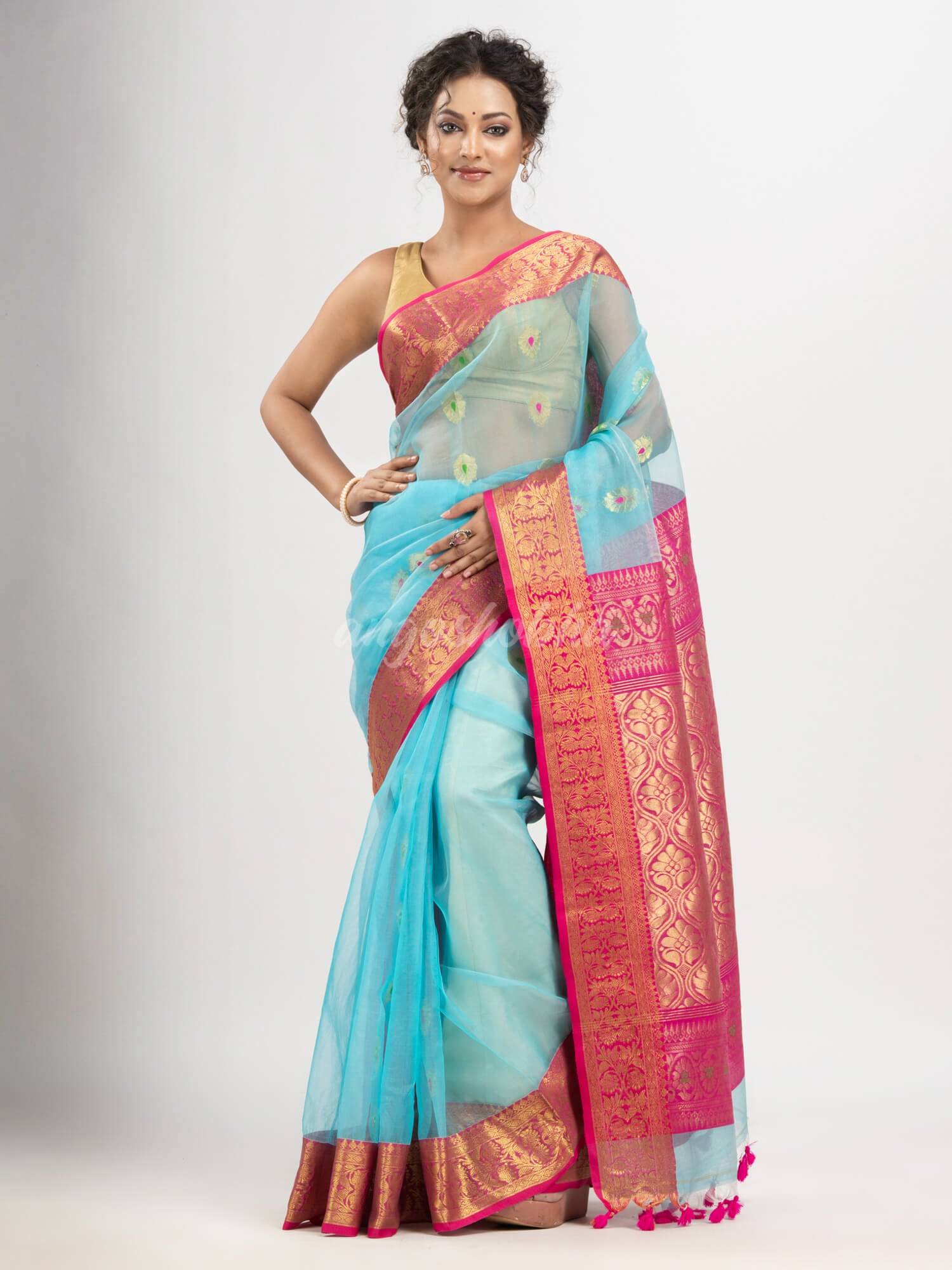 Turquoise (Tute) art silk Muslin Jacquard Jamdani Saree